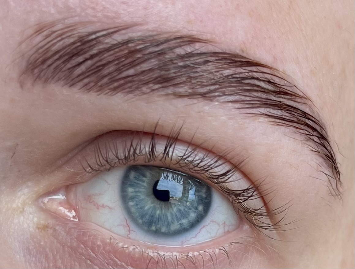 Close-up van een oog met verzorgde wenkbrauw en wimpers